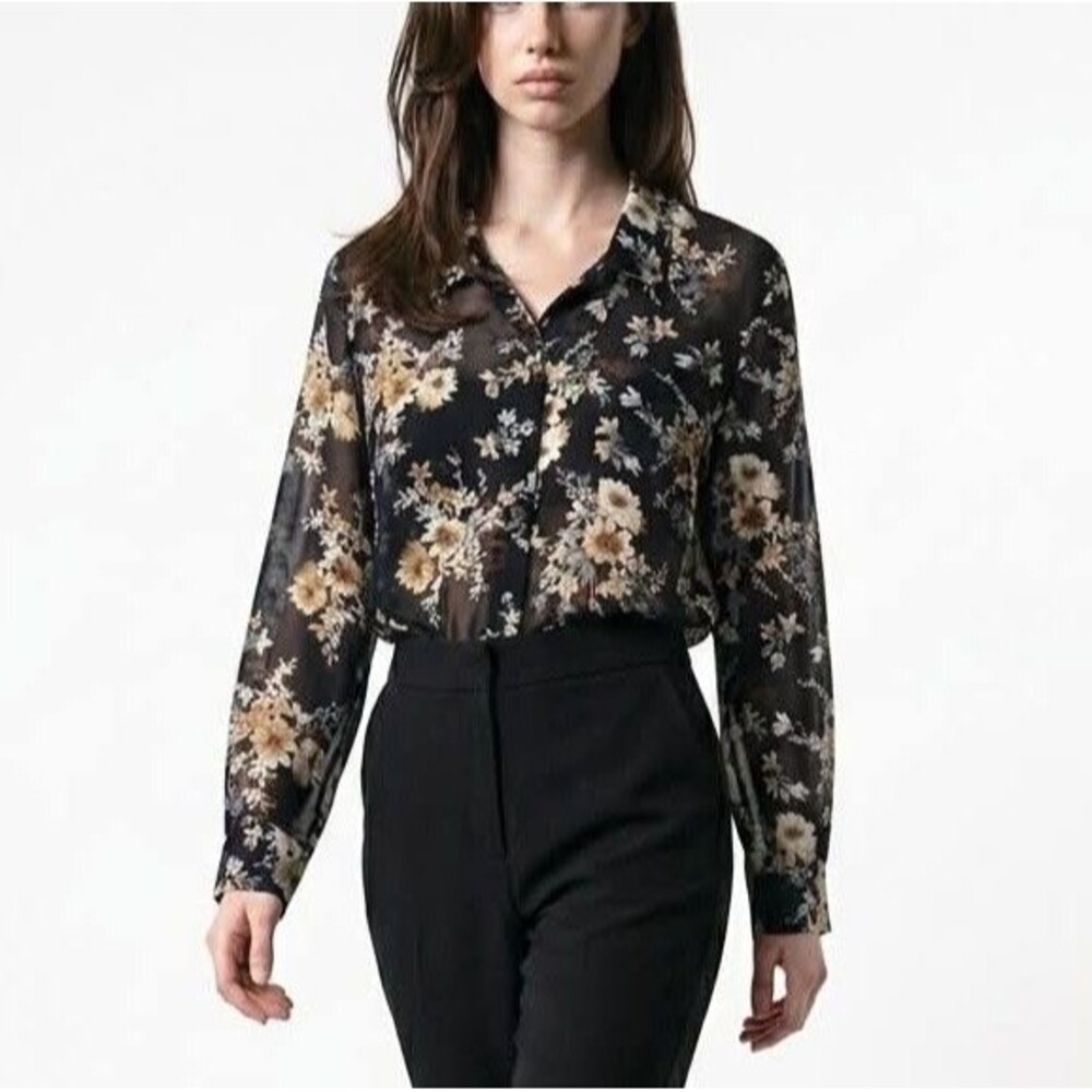 Haband Floral Shirt Women Size L Black Sheer Button Down Long Sleeve
